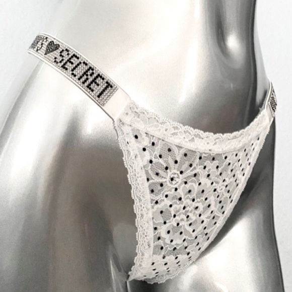 Victorias Secret Rhinestone Shine Strap Sexy White Dot Lacie Lace Thong Panty - Picture 1 of 4